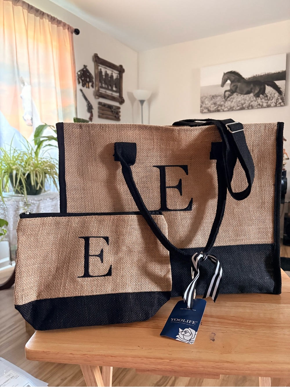 Black Trim Jute Tote with Monogram "E"